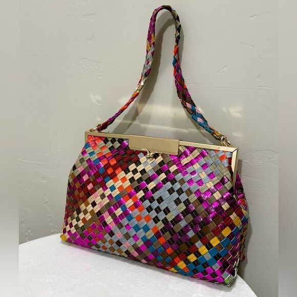 Colorful Woven Leather Handmade Kisslock Metal Frame Handbag, Multi Use Style - Picture 3 of 16